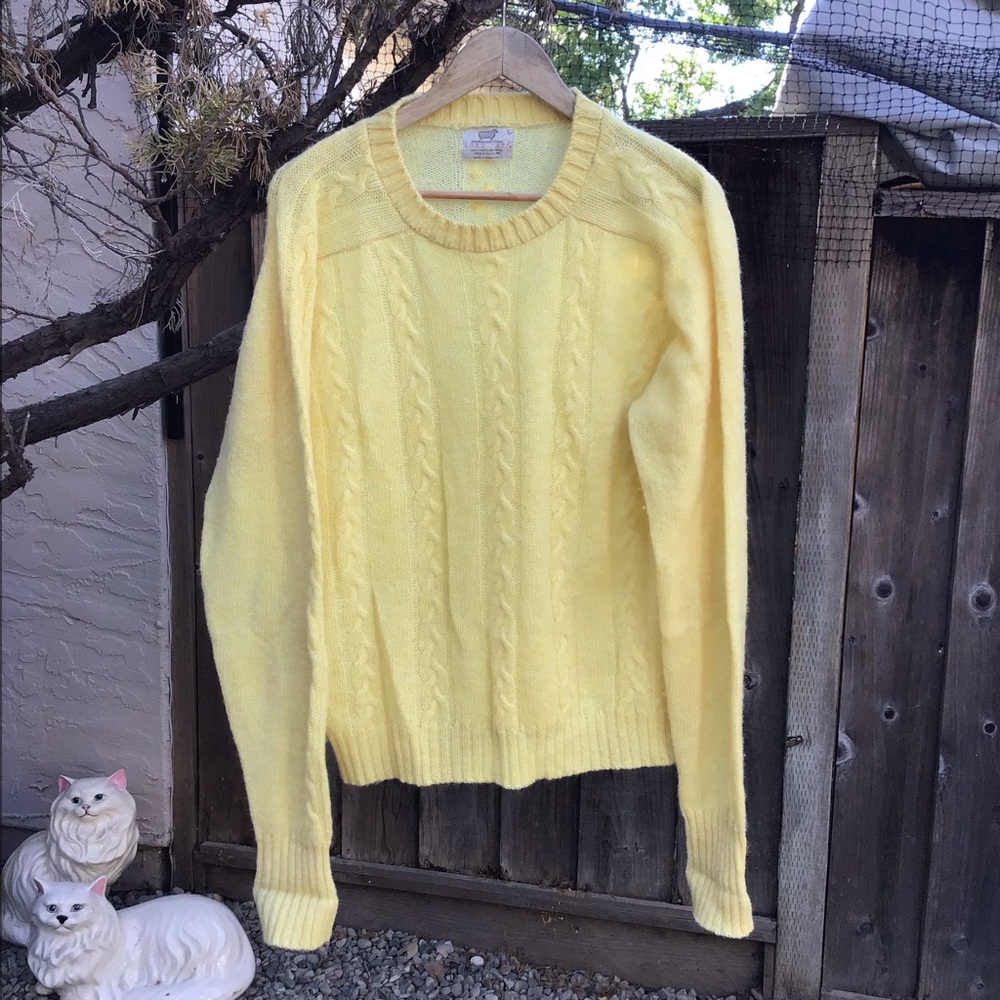 Vintage Lord Jeff 100% Shetland wool sweater men’s large cable knit yellow